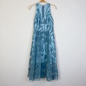 Yoana Baraschi Womens Satin Tulle Embroidered V-Neck Sleeveless Dress Blue Sz 4